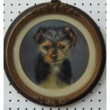 In the manner of Sir Edwin Landseer RA - Head of a terrier, oil on card, of oval form, possibly with