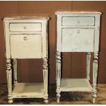 Two similar 19th century French bedside tables with later painted and distressed finish,
