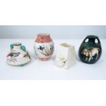 A mixed ceramic group, dog and wildlife orientated, including square Worcester cut tapering vase