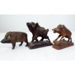 Austrian carved timber boar on naturalistic base, further example with shaggy coat, further
