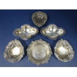 Collection of silver and white metal trinket dishes to include a pair of lobed quatrefoil dishes