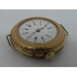 Early 14ct French ladies wristwatch the case with scrolled engraved floral decoration and