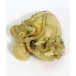 Meiji Period - Pierced Ivory Okimono of two rats playing around a mussel and cockle shell, 7cm