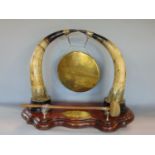 Large impressive bull horn gong with brass mounts upon a wooden serpentine base fitted with a