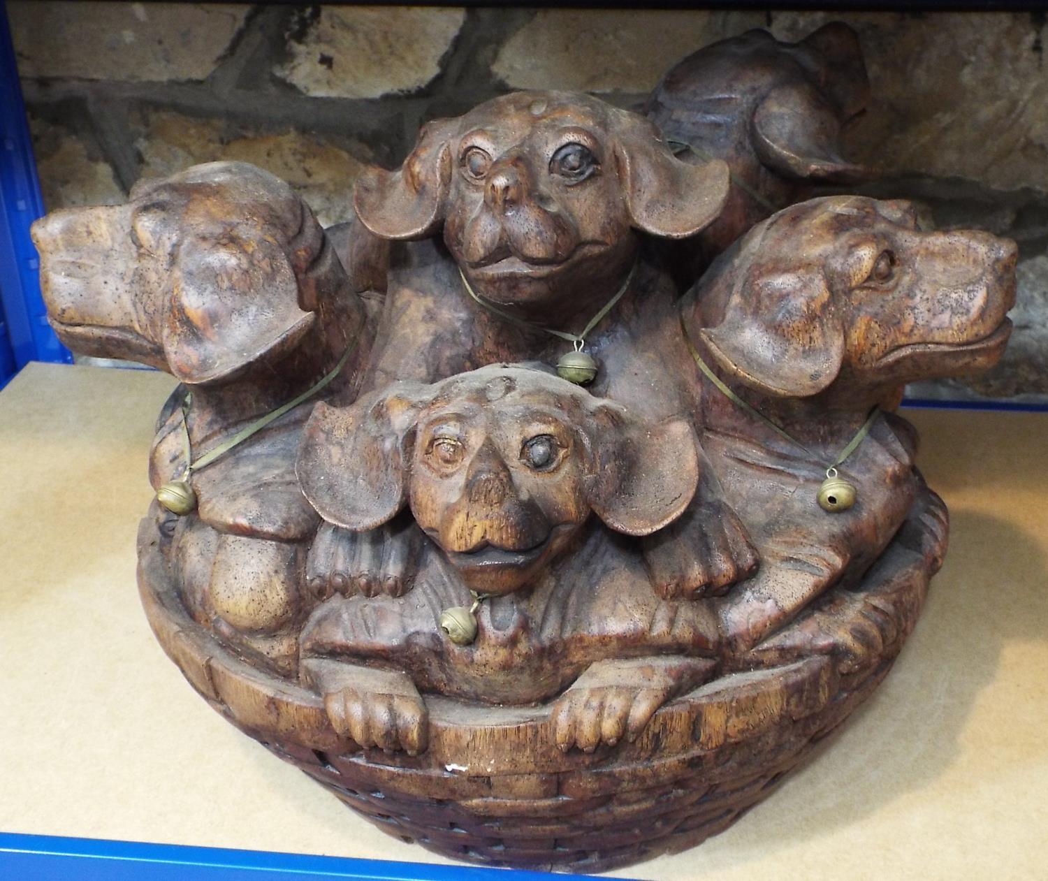 Solid carved hardwood group, five puppies in a basket, 40 cm in height - Image 3 of 3