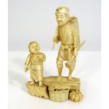Meiji Period - Ivory Okimono of a peasant farmer and a young boy with tools, baskets and vegetables,