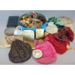 Box containing a collection of costume jewellery with purses, compacts etc