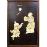 Taisho Period - Hardwood framed panel decorated in ivory showing two musicians, one with cymbals,