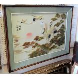 A Japanese framed and glazed shell work picture of herons on branch and in flight, 80 cm