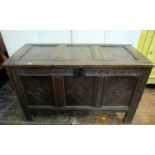 18th century oak panelled coffer with repeating lozenge shaped detail, 120 cm wide