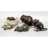 Five models of rats, two in bronze, soapstone, etc, 10cm max