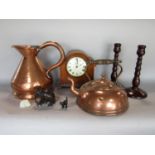 JW Benson burr walnut mantel clock, together with a further copper jug, cooper kettle, a pair of