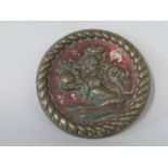 Interesting antique bronze circular plaque centrally cast with a lion bust wearing a crown with rope