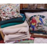 Quantity of vintage household textiles including woolen blankets, needlepoint and other cushions,