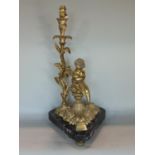 Good gilt cast metal figural table lamp, semi-nude young girl upon a Rococco type triform plateau