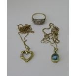Group of gold jewellery comprising a 9ct blue spinel pendant hung on an associated 10k fine link
