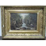 19th century school - a river landscape, monogrammed W K esq, oil on board, 14 x 21 cm