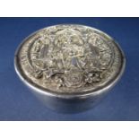 Interesting silver lidded circular dish, the top embossed with Queen Elizabeth seated on a throne
