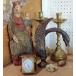A collection of interesting antique items to include a pair of heavy brass candlesticks with drip
