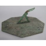 Antique patinated bronze sun dial with indistinct inscribed signature, 15 cm long