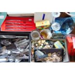 A box of interesting items mainly comprising costume jewellery and silver plated flatware together