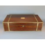 19th century rosewood and brass banded campaign writing slope, with recessed handles, the hinged lid
