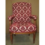 A pair of 19th century open armchairs with cut floral moquet patterned upholstered seat, back and