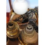 Brass wall mounted oil lamp with pierced Greek key decoration together with a further oil lamp (