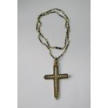 19th century style continental cross pendant necklace, in yellow metal with pearl and black enamel