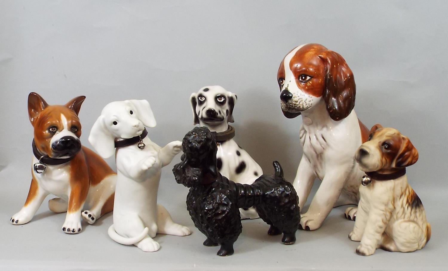 Six ceramic figures of dogs, Poodle, Dachshund, Boxer, etc, 30 cm and smaller