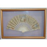 French fan mounted in presentation case with carved painted ivory sticks and guards and leaf