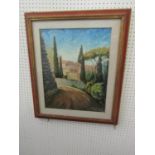 20th century continental school - Italian landscape with red roofed buildings and Cypress trees, oil