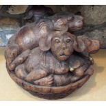 Solid carved hardwood group, five puppies in a basket, 40 cm in height