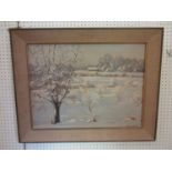 Franklin D Poole (20th century school) - Winter landscape with trees and distant buildings, oil on