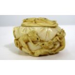 Meiji Period - Ivory box and cover surrounded by ten rats dancing, sleeping, etc, 6cm