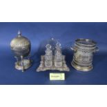 Silver plated items comprising a four piece bottle cruet, wine sleeve, egg coddler and a box