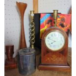 An assortment of interesting items comprising Edwardian lancet clock with convex style, pair of