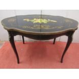 An occasional table of shaped outline with hand painted top showing floral detail within gilded cage