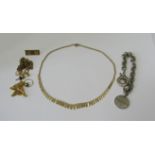 Vintage 9ct Cleopatra style fringe necklace, 4.2g and a Tiffany style costume bracelet, etc