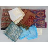 Collection of mixed textiles including Indian Shawls a block printed Indian cotton throw, a large