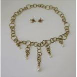 Vintage 9ct chain necklace with five cultured pearl drops, with a pair of 9ct swallow stud earrings,