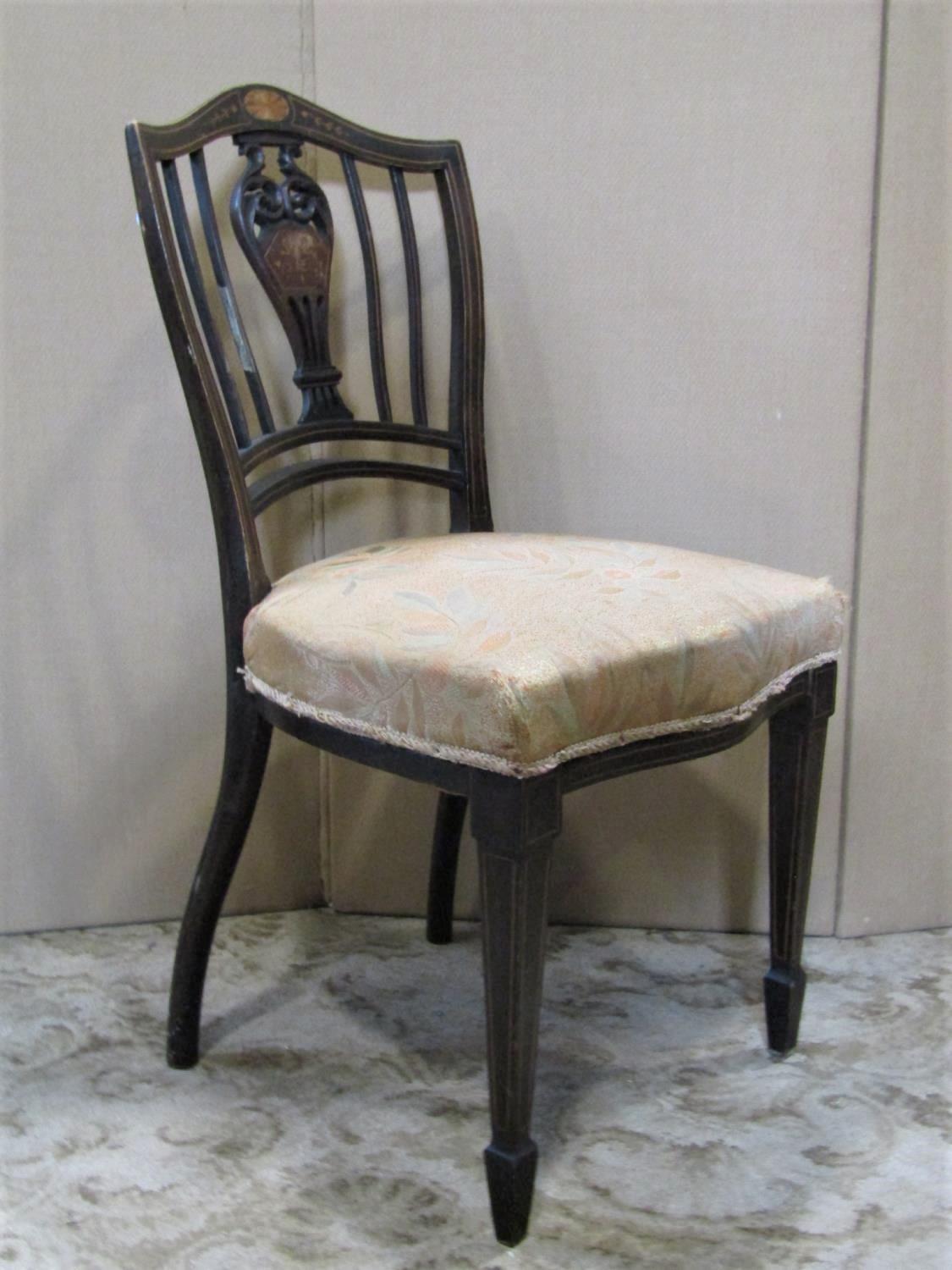 A pair of Edwardian occasional chairs with inlaid detail and shield shaped backs with pierced vase - Image 3 of 3