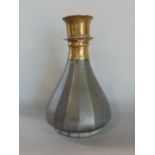 Possibly 17th century Islamic flask with brass spelt and iron/steel bowl with faceted decoration, 23