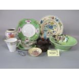 A collection of Wetley China green ground tea wares with floral detail including a pair of cake