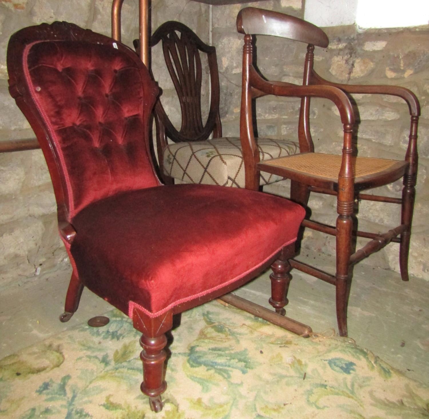 A Victorian walnut nursing chair, a Victorian lightweight bar back open elbow chair with cane