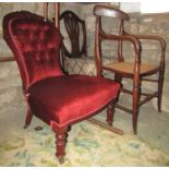 A Victorian walnut nursing chair, a Victorian lightweight bar back open elbow chair with cane