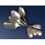 Matched set of four fiddle thread silver table spoons, Georgian and later, various makers, 11.6 oz