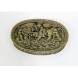 A continental white metal 800 standard oval snuff box and cover, the lid showing cherubs riding