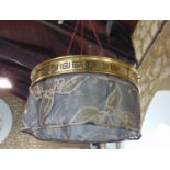 Early 20th century brass ceiling light with pierced Greek key border and sequin shade, 40 cm