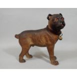 A Victorian pottery figure of a standing bulldog with leather collar and bell, 22 cm high